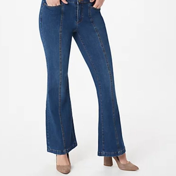 Women's Petite Dual Stretch Back Slit Flared Jeans - Picture 2 of 7